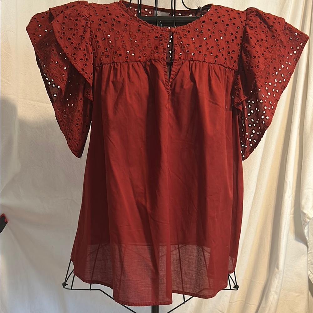 Red Flutter Sleeve Ruffled Blouse